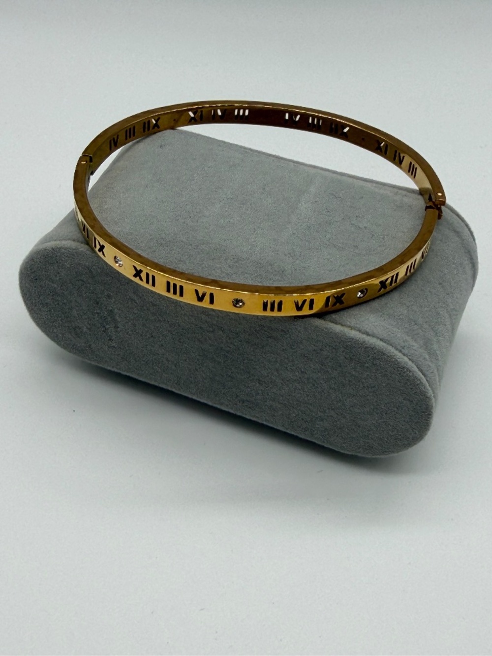 Roman Numeral Hinged Bangle Bracelet with Crystals - Rose Goldtone